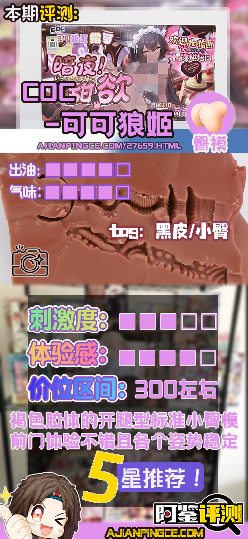 COC——“可可狼姬”评测!褐色黑皮的“成熟型”小屁股倒模,通道的复杂度和姿势兼容性都挺不错